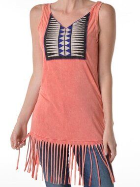 T Party Fashion pink Tank Tunic with fringe Embroidered Geometric panel